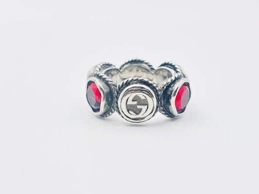 GUCCI Interlocking G Swarovski Crystal Color Stone Ring #15 Red x Silver Ring
