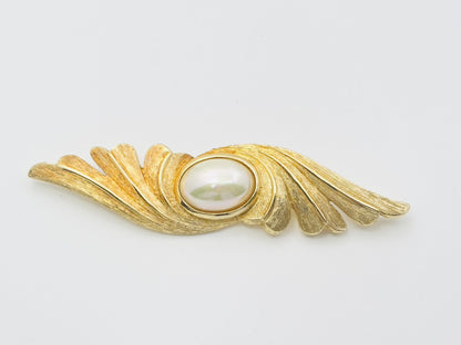 Dior Faux Pearl Wings Feather Brooch Gold
