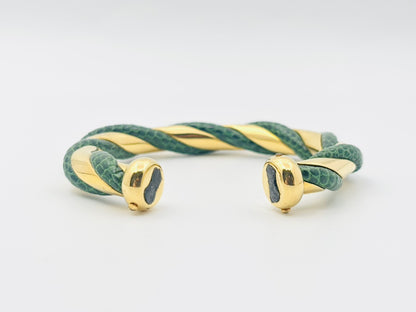HERMES Twist Exotic Leather Lizard Bangle Gold and Green Bracelet/Bangle