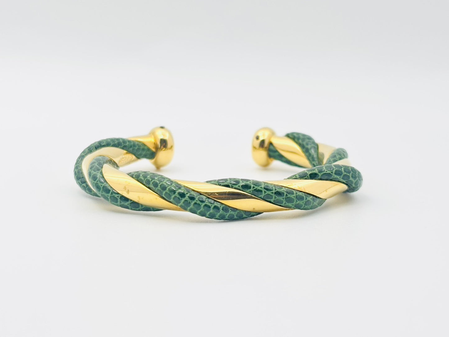 HERMES Twist Exotic Leather Lizard Bangle Gold and Green Bracelet/Bangle