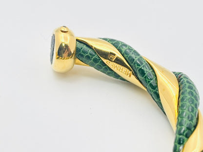 HERMES Twist Exotic Leather Lizard Bangle Gold and Green Bracelet/Bangle
