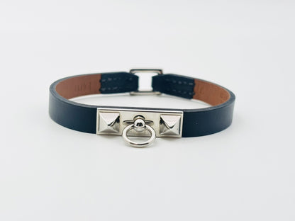HERMES Microrival Leather Bracelet, □Q Stamp #S, Black/Silver, Bracelet/Bangle