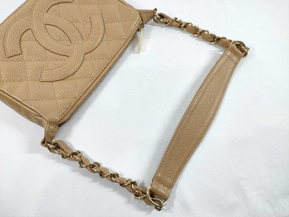 CHANEL CHANEL Matelasse Beige Caviar Leather Shoulder Bag with Gold Hardware and Chain