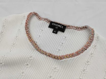 CHANEL Camellia 3/4 Sleeve Knit Cotton White #42 Tops