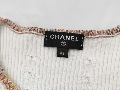 CHANEL Camellia 3/4 Sleeve Knit Cotton White #42 Tops