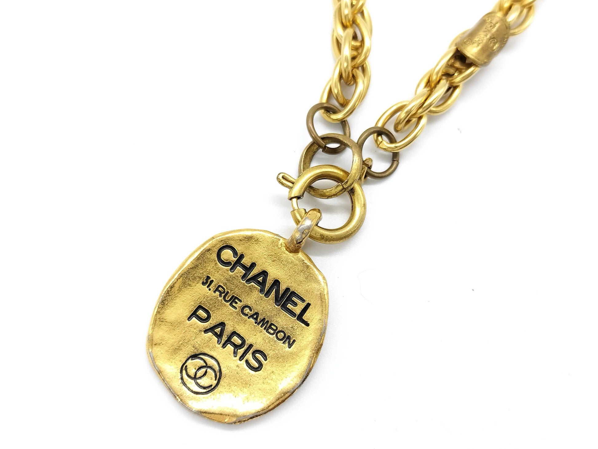 CHANEL Cambon logo plate necklace