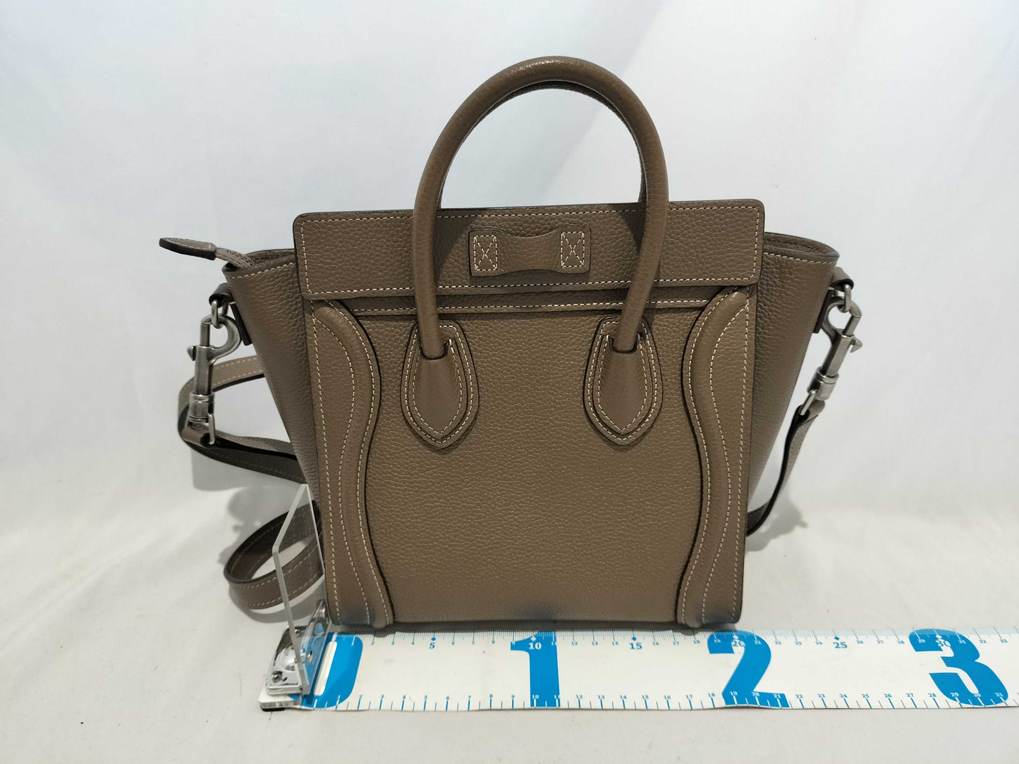 CELINE Drummed Calfskin Fragrance Nano Shopper Leather 2-Way Handbag in Greige with Silver Hardware and Dust Bag. Includes Shoulder Strap.