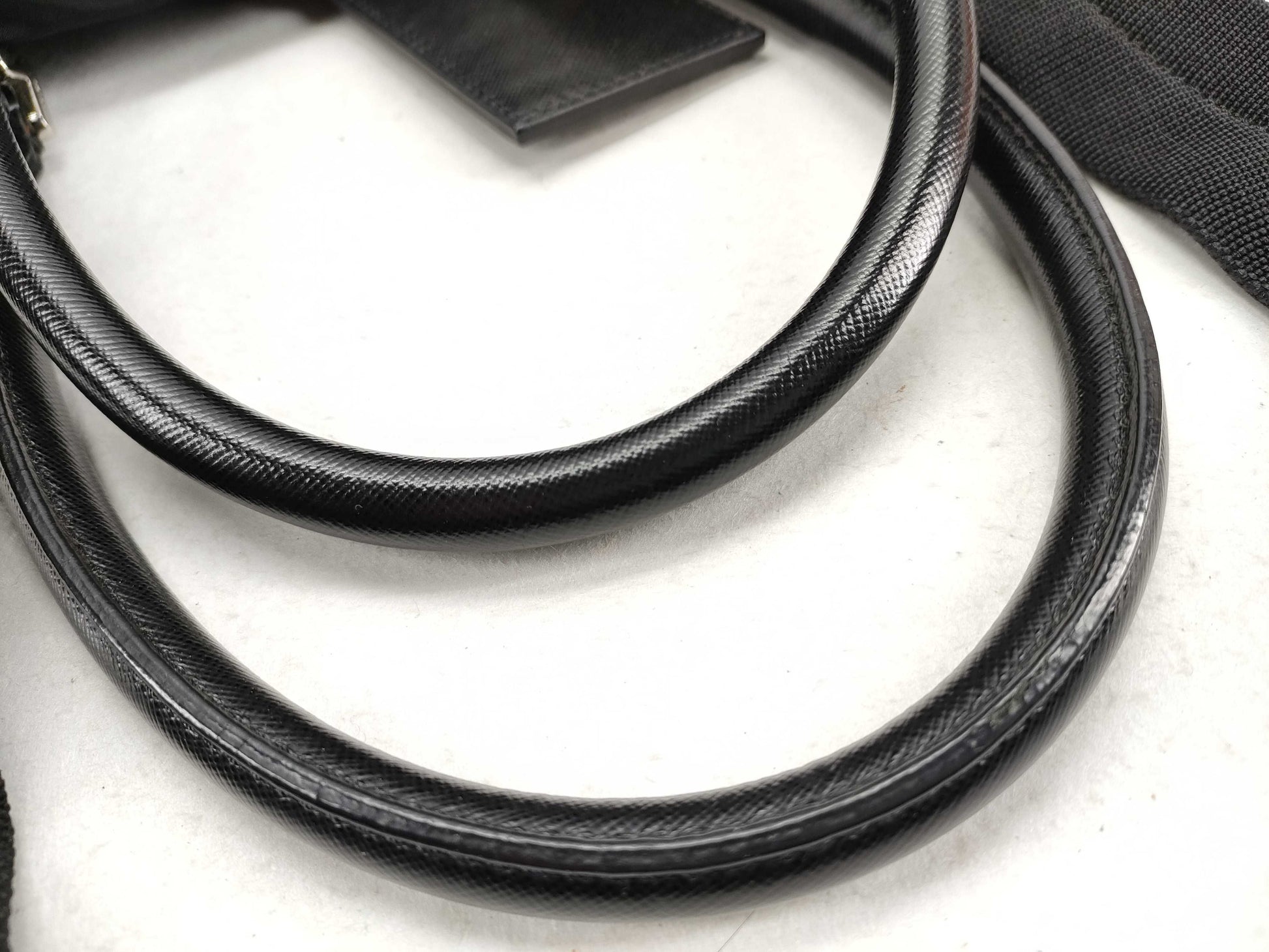 PRADA V20 nylon? 2-way Boston bag with leather triangular plate, black, name tag and padlock.