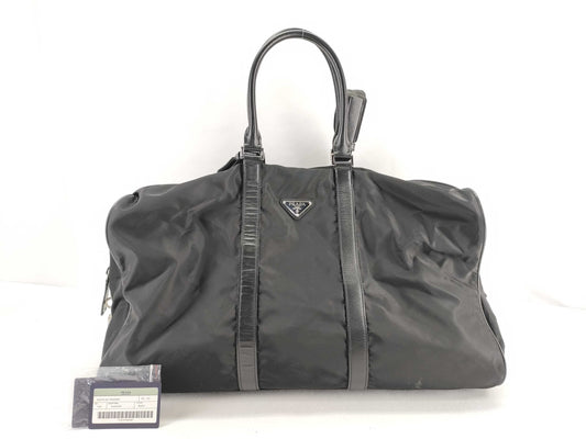 PRADA V20 nylon? 2-way Boston bag with leather triangular plate, black, name tag and padlock.