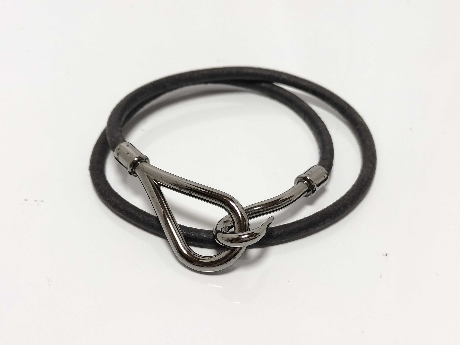 HERMES Silver x Leather Bracelet Jumbo Choker Bracelet/Bangle