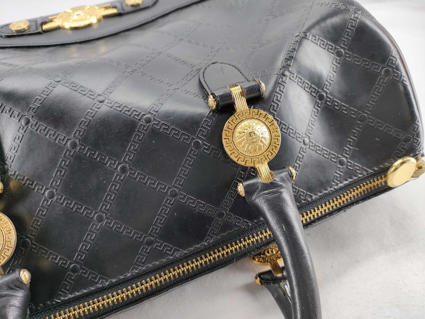 VERSACE Leather Sunburst Boston Bag Black Boston Bag