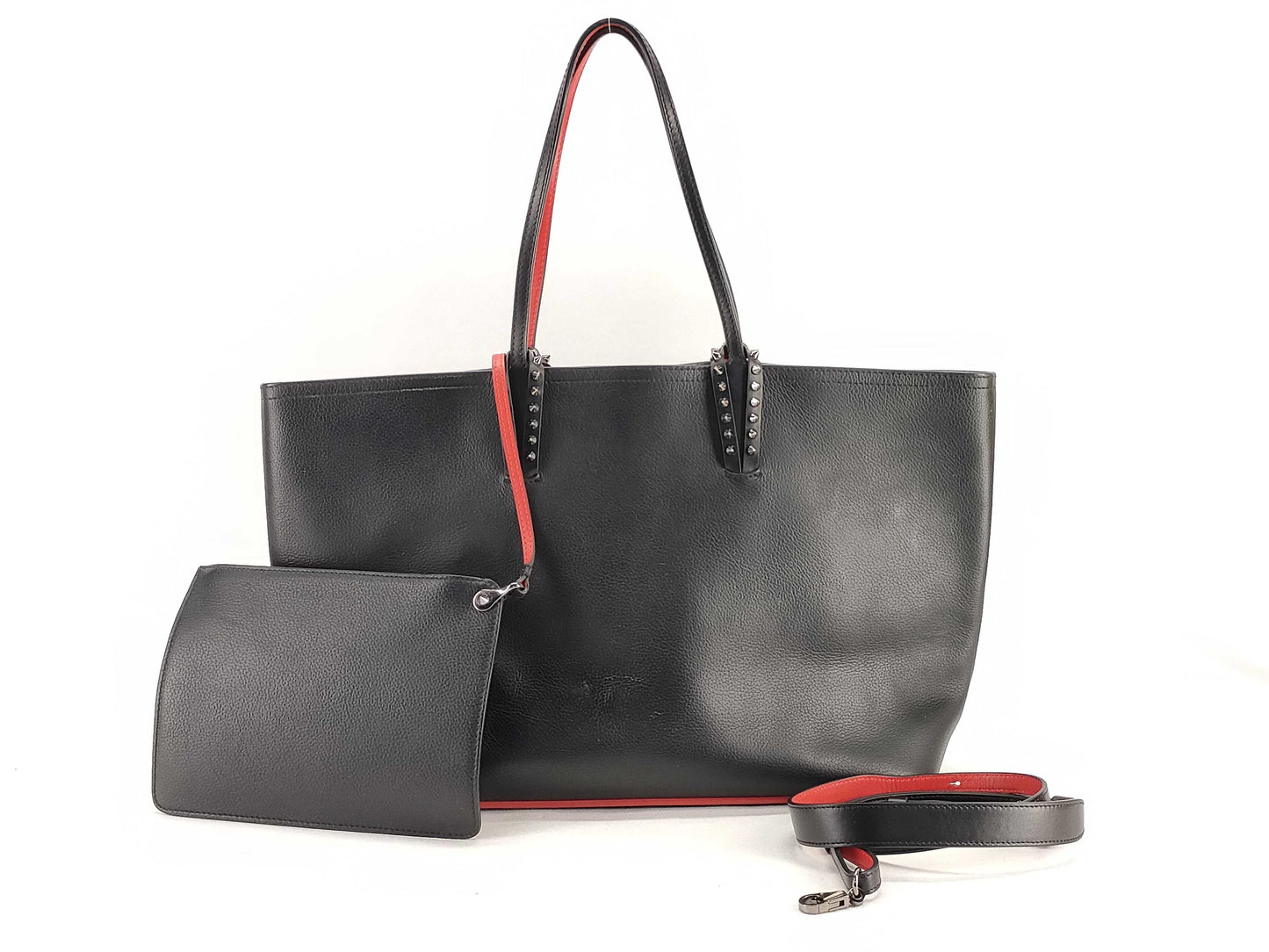 Christian Louboutin Leather Cabata Tote Bag in Black and Red with Pouch and Strap