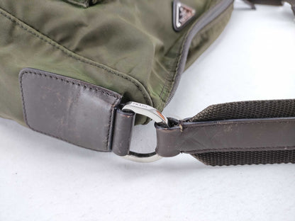 PRADA Nylon B1738 Nylon Shoulder Bag with Triangular Plate, Khaki and Brown