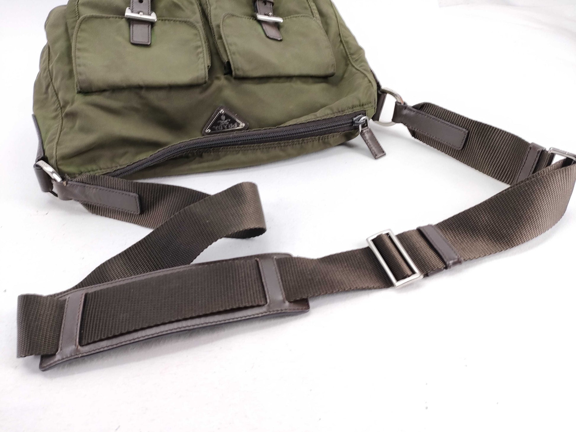 PRADA Nylon B1738 Nylon Shoulder Bag with Triangular Plate, Khaki and Brown