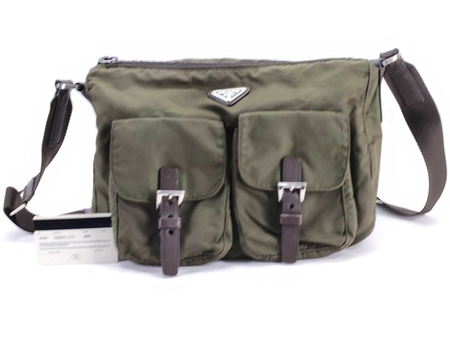 PRADA Nylon B1738 Nylon Shoulder Bag with Triangular Plate, Khaki and Brown