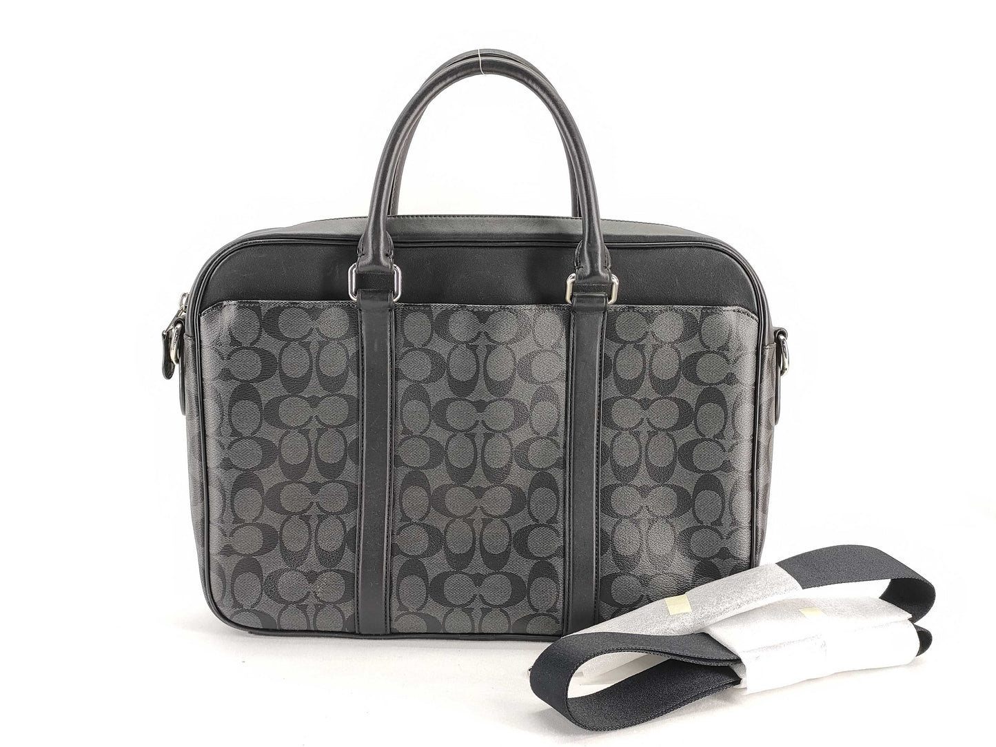 COACH Signature F54803 Signature Briefcase, 2-Way Business Bag, Leather, PVC, Black, with Strap