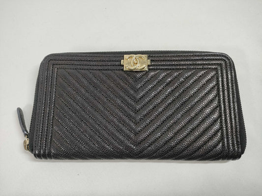 CHANEL Boy Caviar Skin Black Long Wallet, 24th Series, with Seal