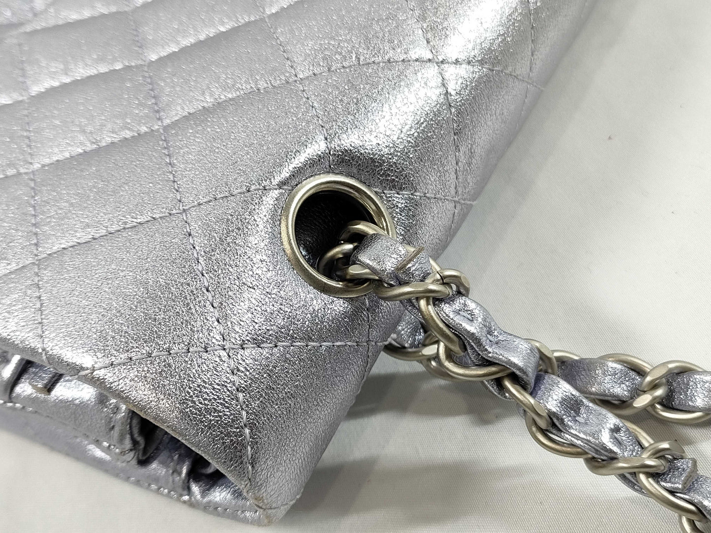 CHANEL CHANEL Matelasse Double Flap Bag, No. 14, Silver Shiny Chain Shoulder Bag with Seal