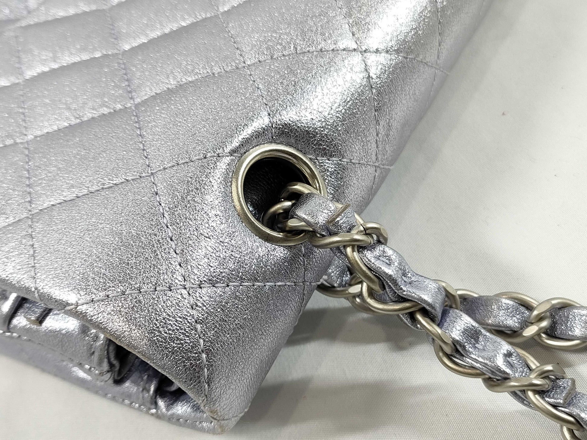 CHANEL CHANEL Matelasse Double Flap Bag, No. 14, Silver Shiny Chain Shoulder Bag with Seal
