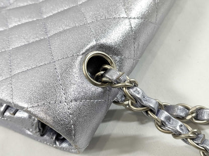 CHANEL CHANEL Matelasse Double Flap Bag, No. 14, Silver Shiny Chain Shoulder Bag with Seal