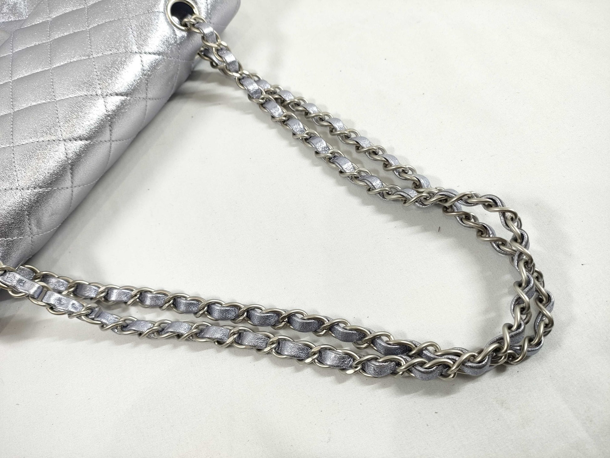CHANEL CHANEL Matelasse Double Flap Bag, No. 14, Silver Shiny Chain Shoulder Bag with Seal