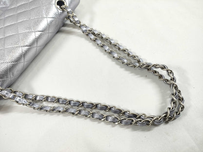 CHANEL CHANEL Matelasse Double Flap Bag, No. 14, Silver Shiny Chain Shoulder Bag with Seal