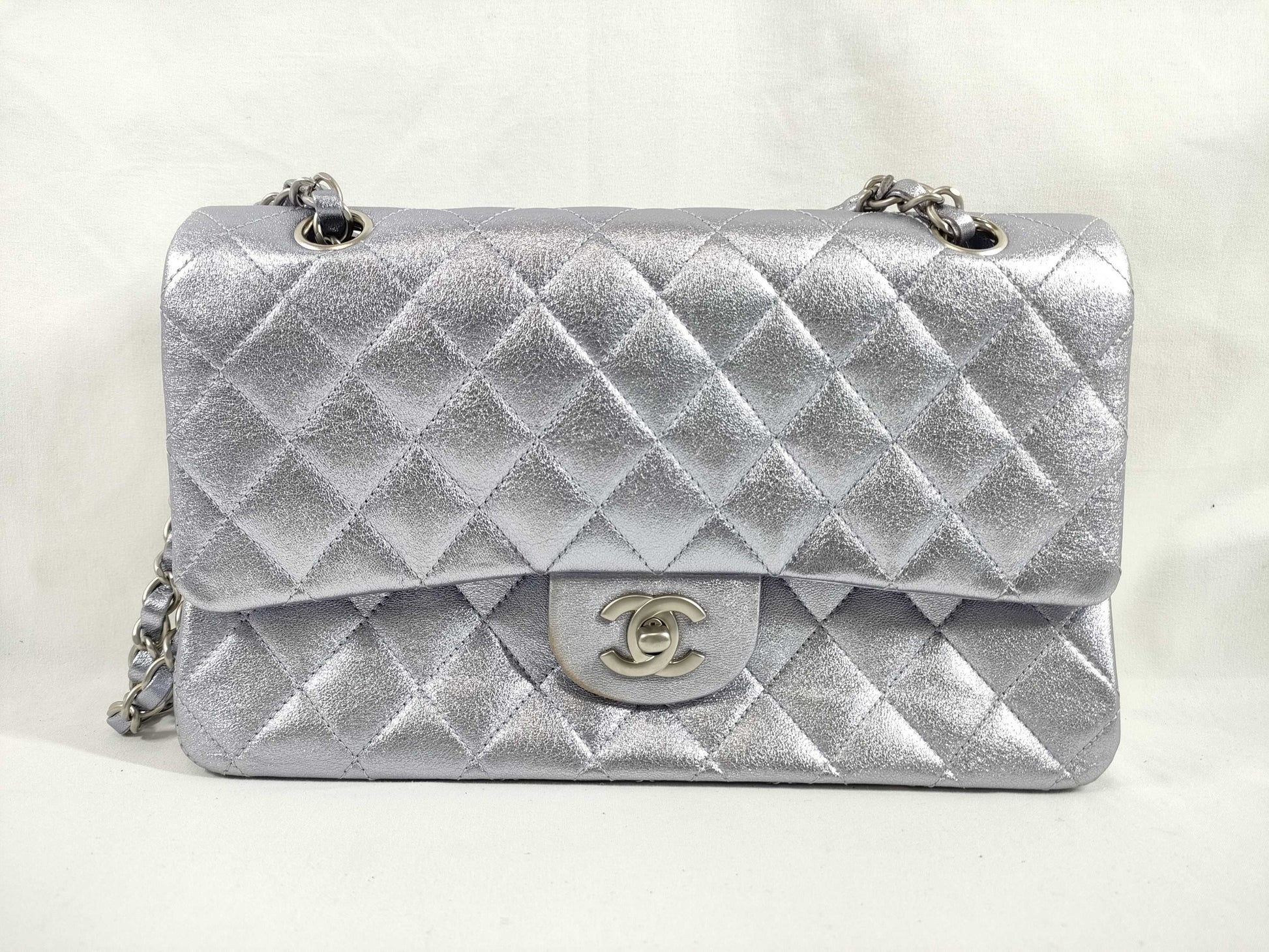 CHANEL CHANEL Matelasse Double Flap Bag, No. 14, Silver Shiny Chain Shoulder Bag with Seal