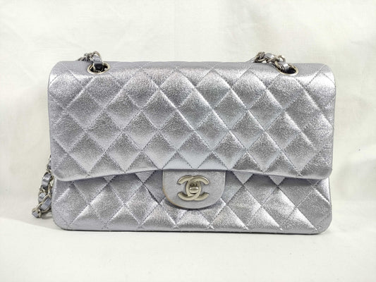 CHANEL CHANEL Matelasse Double Flap Bag, No. 14, Silver Shiny Chain Shoulder Bag with Seal