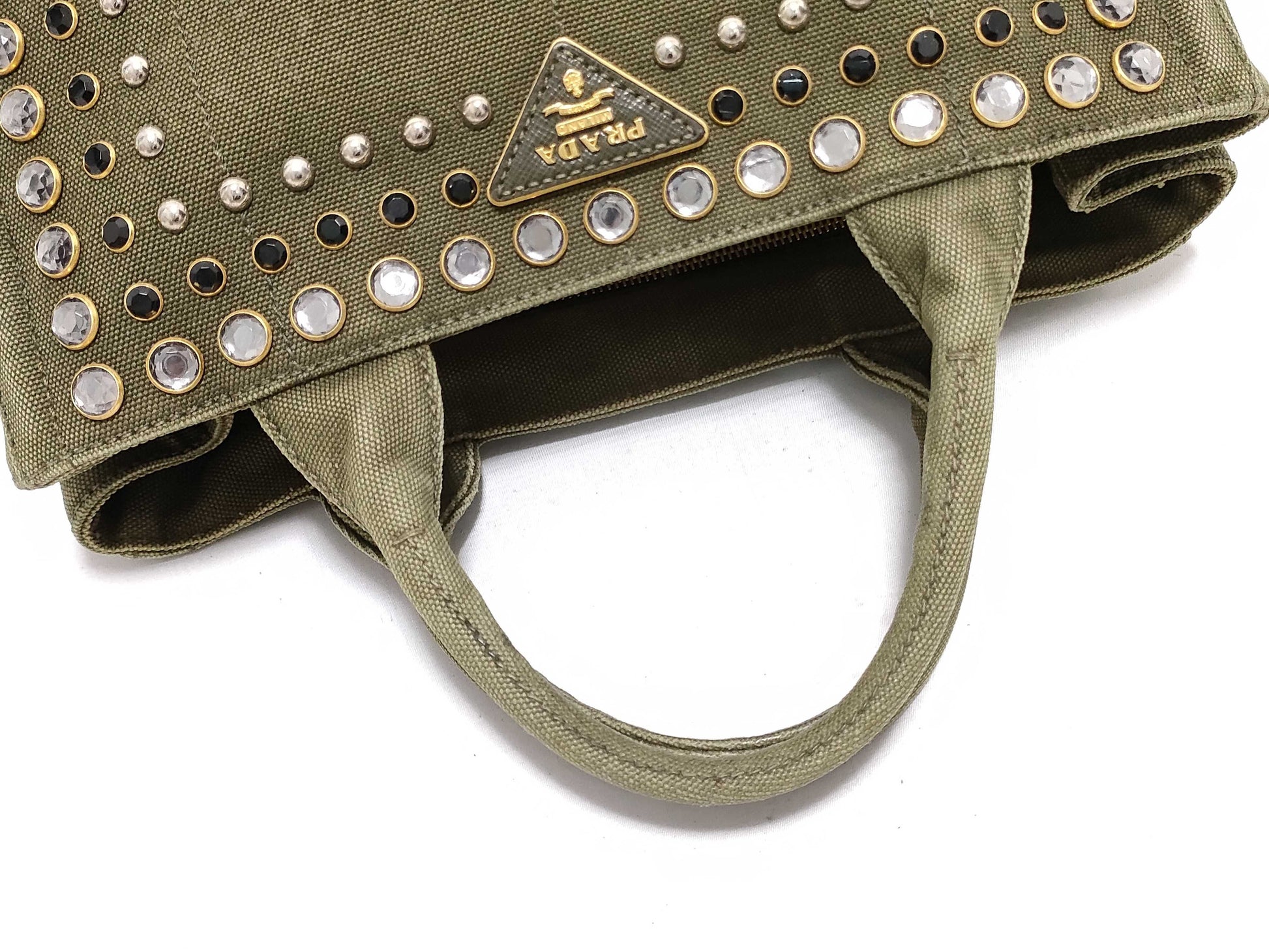 PRADA Prada Handbag Canapa Denim Stud Triangle Logo Tote Bag
