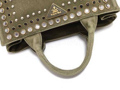 PRADA Prada Handbag Canapa Denim Stud Triangle Logo Tote Bag