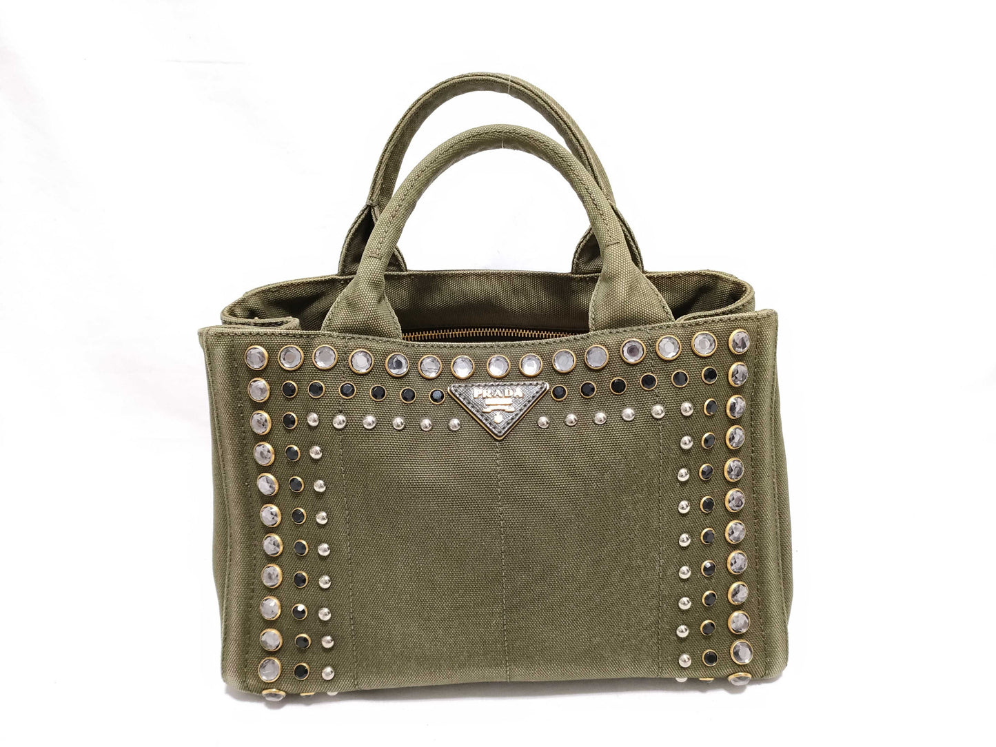 PRADA Prada Handbag Canapa Denim Stud Triangle Logo Tote Bag