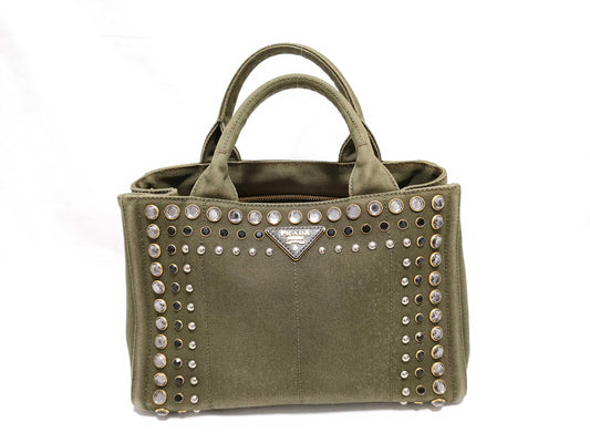 PRADA Prada Handbag Canapa Denim Stud Triangle Logo Tote Bag