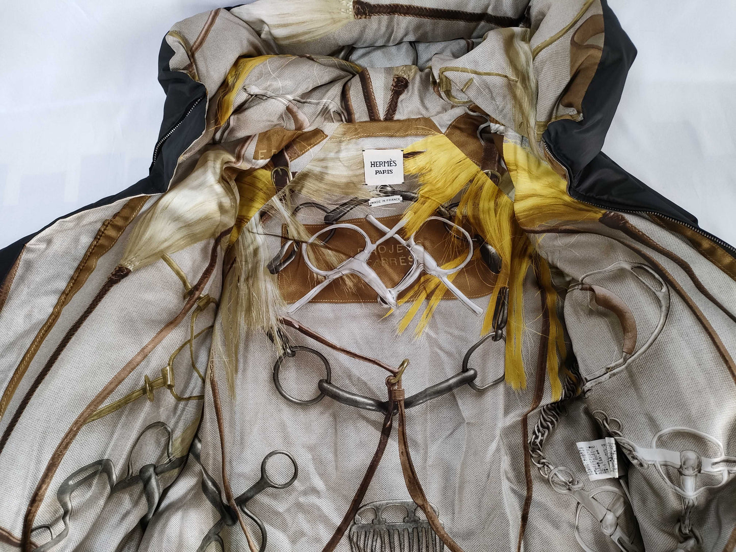 HERMES Down Jacket, All-Over Print Hoodie, Black, Size 36, Belted