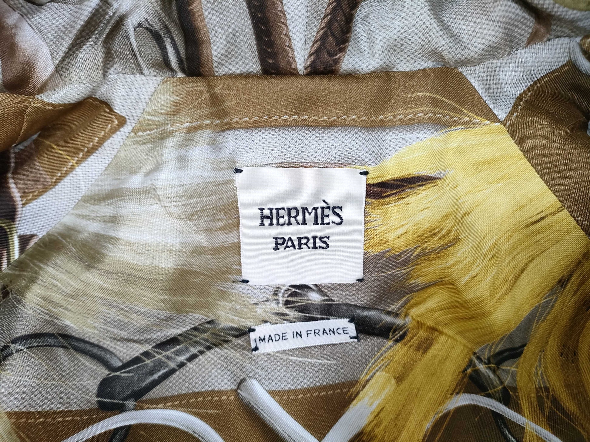 HERMES Down Jacket, All-Over Print Hoodie, Black, Size 36, Belted