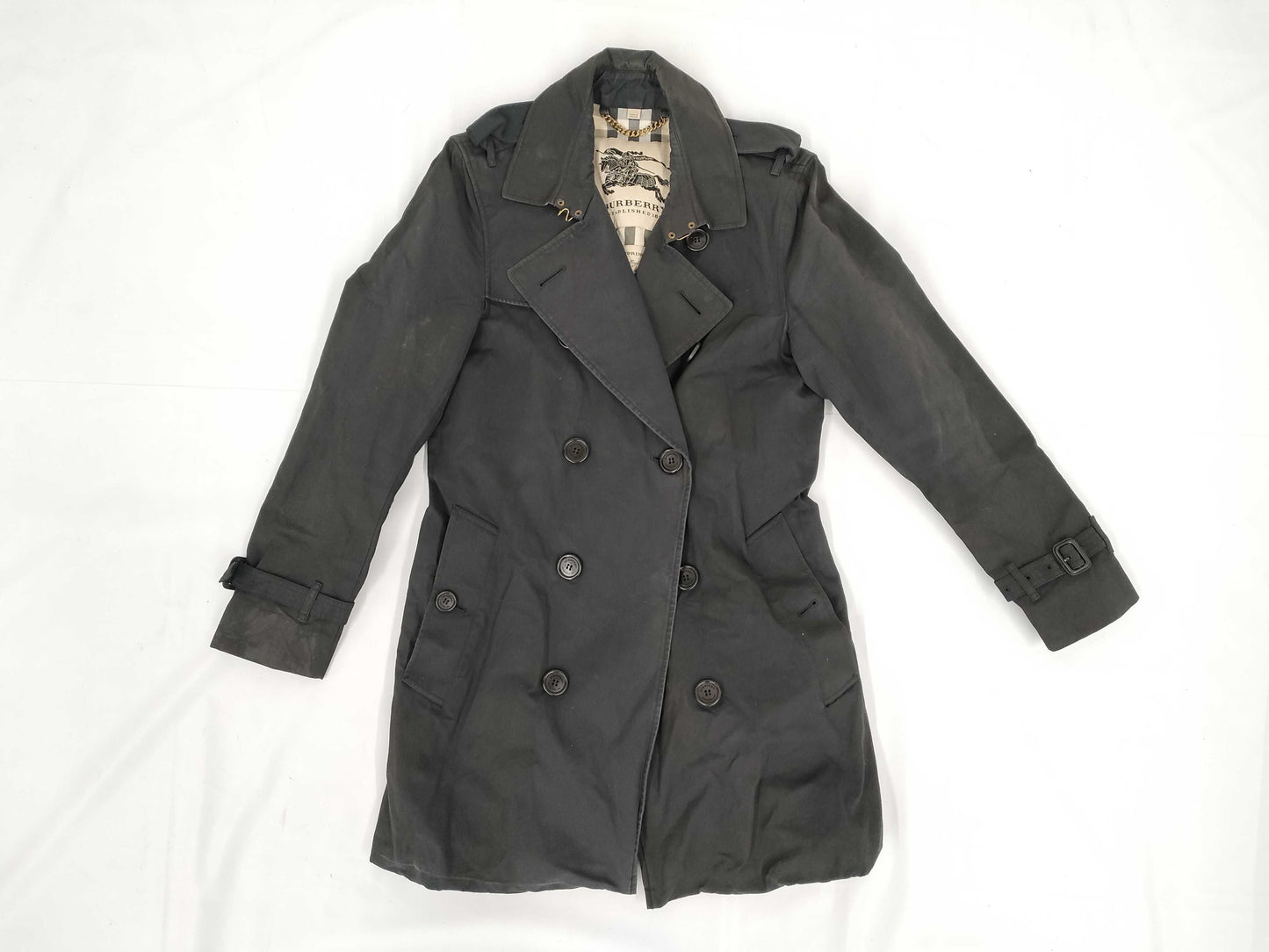 BURBERRY Nova Check Sandringham Trench Coat in Black with Belt, Size 46