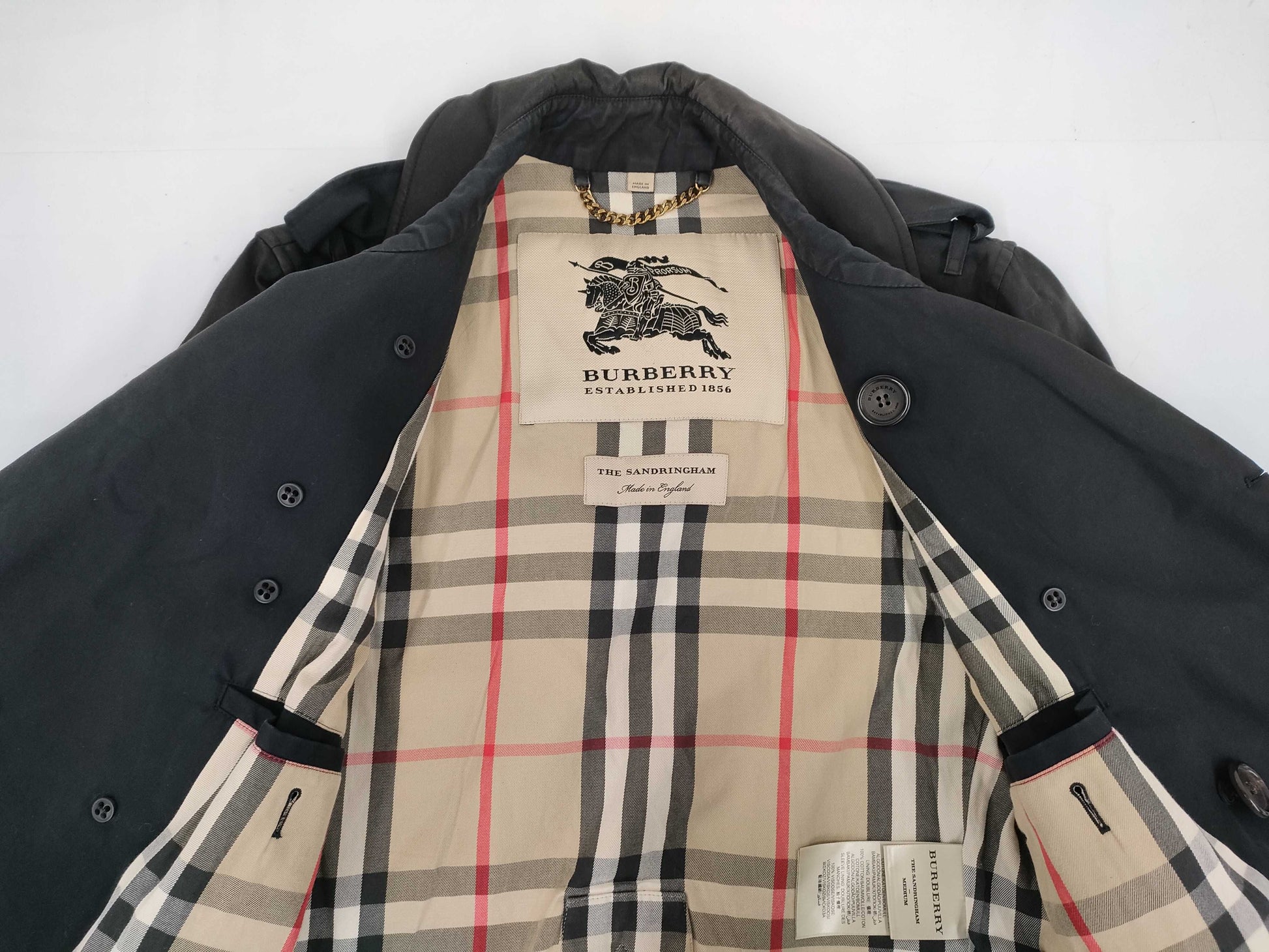 BURBERRY Nova Check Sandringham Trench Coat in Black with Belt, Size 46