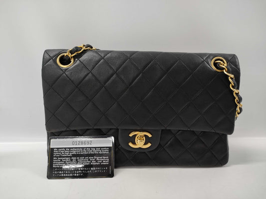 CHANEL Matelasse 25 Lambskin Gold Hardware Double Flap Double Chain Shoulder Bag Black with Card and Seal