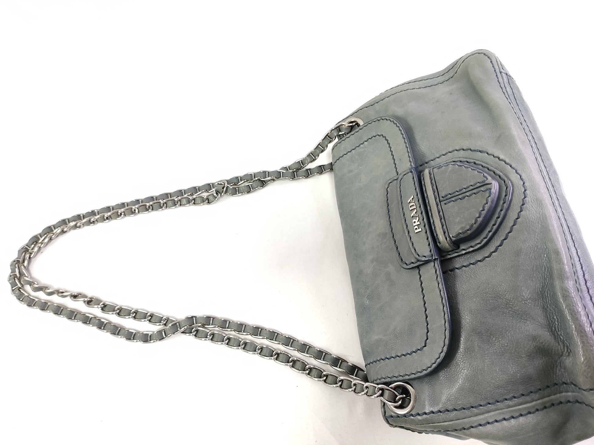 PRADA PRADA Prada Leather Double Chain Shoulder Bag B4658C Blue Shoulder Bag with Guarantee Card and Dust Bag