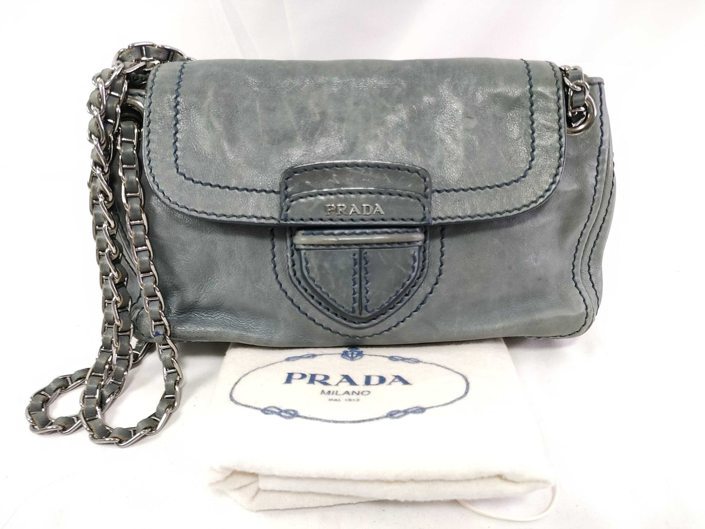 PRADA PRADA Prada Leather Double Chain Shoulder Bag B4658C Blue Shoulder Bag with Guarantee Card and Dust Bag