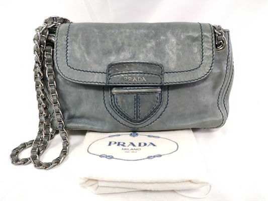 PRADA PRADA Prada Leather Double Chain Shoulder Bag B4658C Blue Shoulder Bag with Guarantee Card and Dust Bag