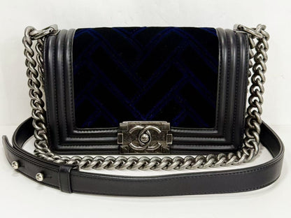 CHANEL Black Boy 20 Velvet and Leather Shoulder Bag, 20cm Wide, Approx. 23rd Series, with Seal, Vintage S Clasp, Item No. 23086168, Excellent Condition