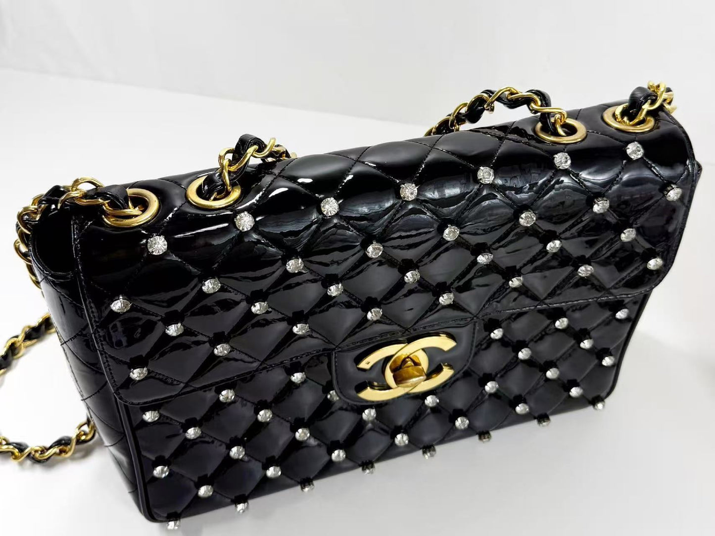 CHANEL Matelasse Black Swarovski Patent Full Shoulder Bag, Size 30cm , Gold Hardware, 3380231, Excellent Condition, Includes Box, Bag, G Card, and Sticker.