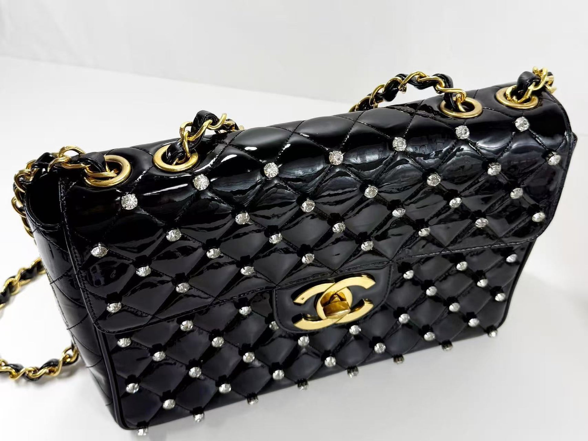 CHANEL Matelasse Black Swarovski Patent Full Shoulder Bag, Size 30cm , Gold Hardware, 3380231, Excellent Condition, Includes Box, Bag, G Card, and Sticker.