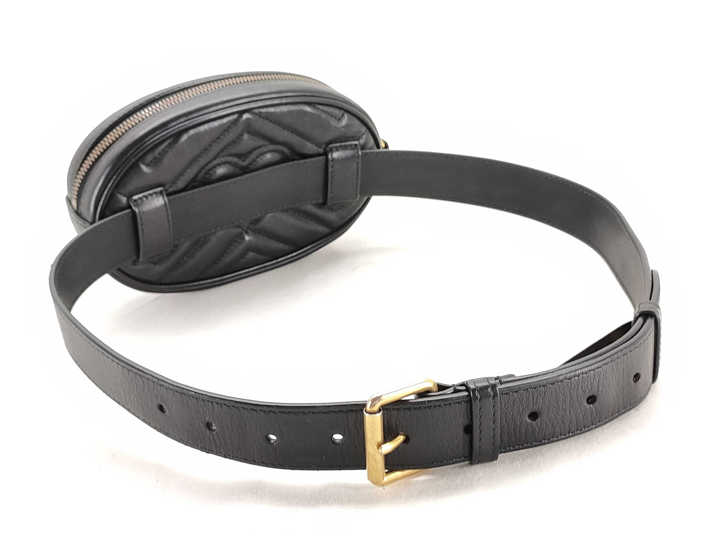 GUCCI GG Marmont 476434 Body Bag Leather Belt Bag Black Gold Hardware Quilted Waist Bag