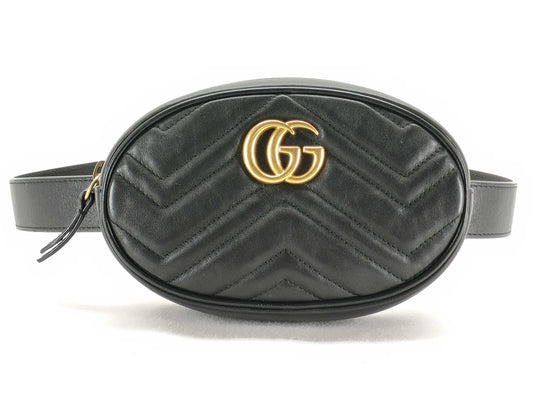 GUCCI GG Marmont 476434 Body Bag Leather Belt Bag Black Gold Hardware Quilted Waist Bag