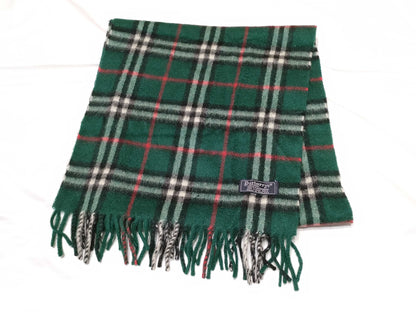BURBERRY Nova Check Cashmere Fringe Scarf in Green