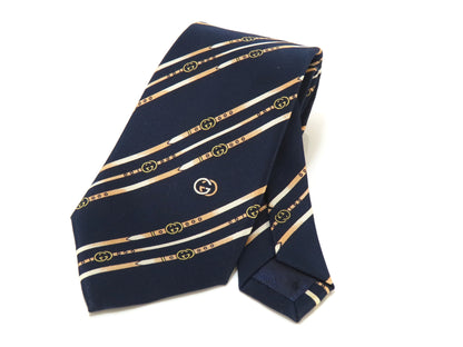 GUCCI Striped Navy GG Logo Tie