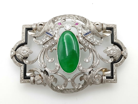 Jadeite, Ruby, Sapphire, and Diamond PT850 Obi Clasp, 23.0g 