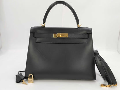 HERMES Kelly 28 □C Stamp Box Calf Noir Gold Hardware Handbag