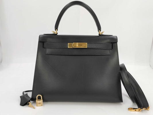 HERMES Kelly 28 □C Stamp Box Calf Noir Gold Hardware Handbag
